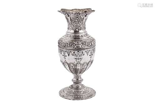 A late 19th century continental unmarked silver vase, probab...