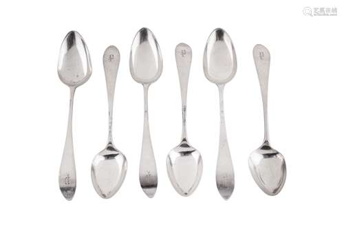 A set of six late 18th century American silver tablespoons, ...