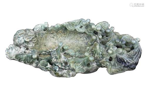 A CHINESE CARVED JADE COLOURED HARDSTONE FISH POND, LATE 20T...