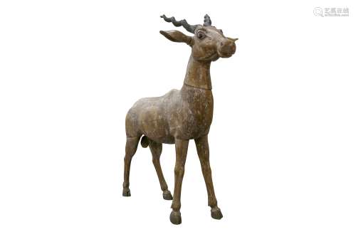 AN INDIAN CARVED SCULPTURE OF A STANDING BLACKBUCK ANTELOPE,...