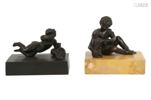 A PATINATED BRONZE FIGURE OF A SEATED BOY, 19TH CENTURY