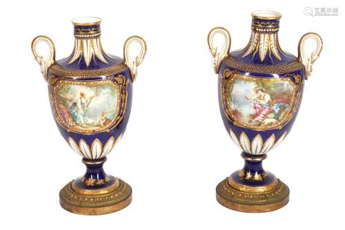 A PAIR OF ENGLISH PORCELAIN VASES, IN THE SEVRES STYLE, 19TH...