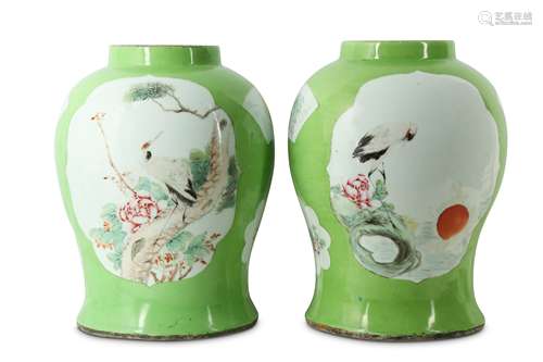 A PAIR OF CHINESE APPLE GREEN PORCELAIN BALUSTER VASES