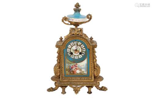 A FRENCH SPELTER AND SEVRES STYLE PORCELAIN MANTEL CLOCK, LA...