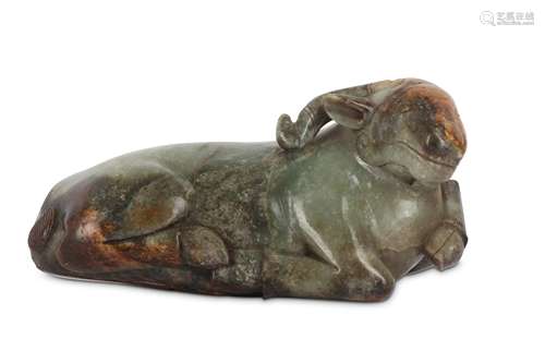 A CHINESE PALE CELADON JADE 'RAM' CARVING, 20TH CENTURY.