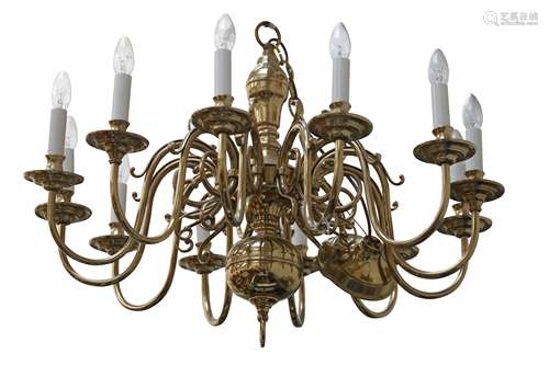 A DUTCH STYLE BRASS TWELVE LIGHT CHANDELIER