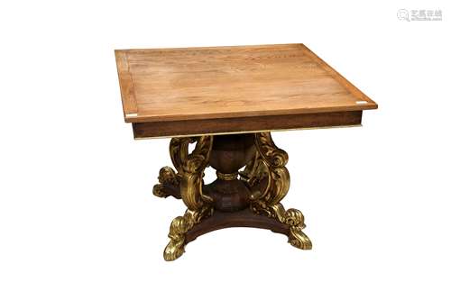 AN OAK AND GILTWOOD TABLE, IN THE BAROQUE TASTE, 20TH CENTUR...