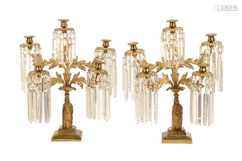 A PAIR OF FIVE LIGHT GILT METAL CANDELABRA, 19TH CENTURY