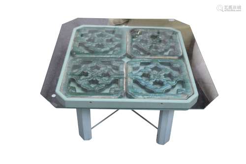 A SET OF FOUR CHINESE CHANG SHA KILN GREEN GLAZED TILES