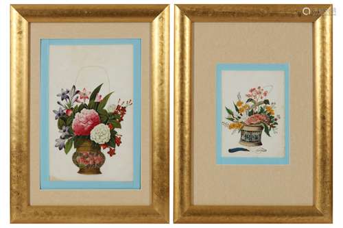 A COLLECTION OF TWELVE CHINESE EXPORT PAINTINGS OF FLOWERS I...