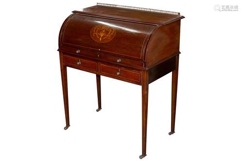 A SHERATON STYLE MARQUETRY INLAID WALNUT CYLINDER BUREAU