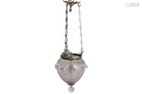 A CONTINENTAL SILVERED METAL AND GLASS PENDANT LIGHT, 20TH C...