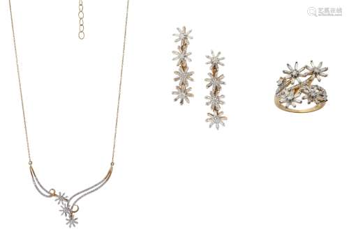 A GOLD AND DIAMOND NECKLACE, RING AND EARRING SUITE