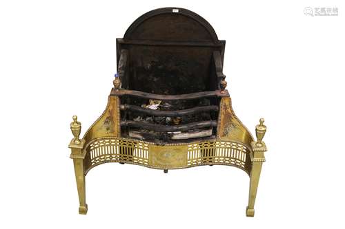 A ROBERT ADAM STYLE CAST IRON AND BRASS FIRE BASKET, LATE 19...