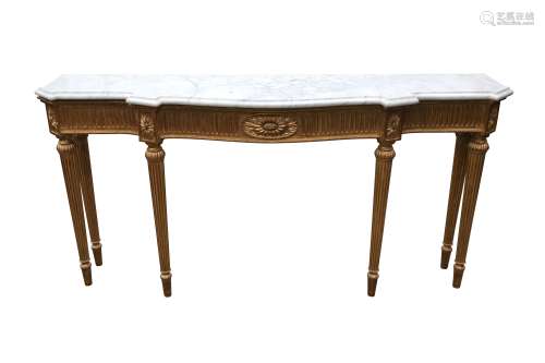A GILTWOOD AND WHITE MARBLE SIDE TABLE, IN THE STYLE OF ROBE...