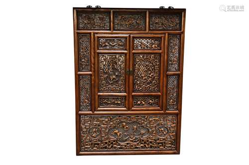 A CHINESE JUWOOD RECTANGULAR DOOR OR WINDOW PANEL, 20TH CENT...