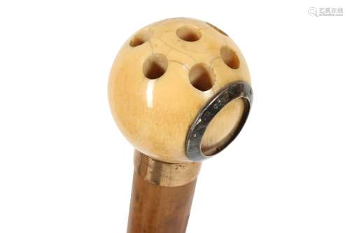 A WALKING CANE WITH AN IVORY SNOOKER BALL HANDLE, 19TH CENTU...