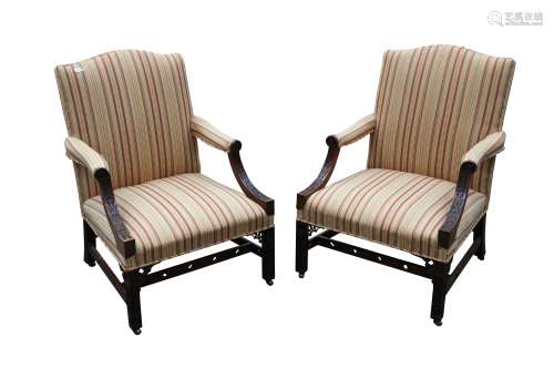 A PAIR OF MAHOGANY GAINSBOROUGH ARMCHAIRS, IN THE CHINESE CH...