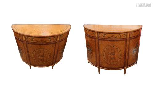 A PAIR OF NEOCLASSICAL TASTE SATINWOOD, MARQUETRY INLAID AND...