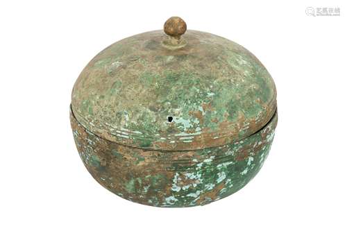 A CHINESE BRONZE DOMED BOX AND COVER, PROBABLY HAN DYNASTY