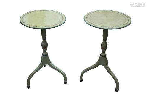A PAIR OF GREEN PAINTED GEORGE III STYLE TRIPOD TABLES, 20TH...