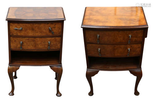 A PAIR OF BOWFRONT WALNUT BEDSIDE CABINETS, 20TH CENTURY