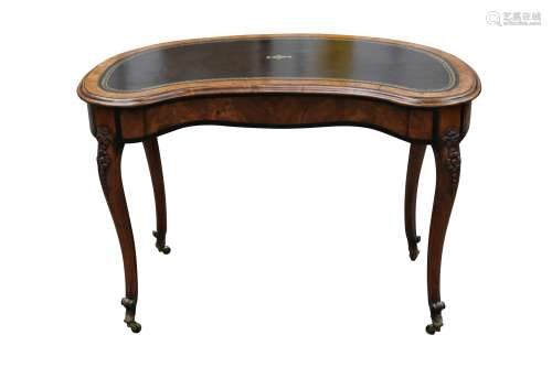 A VICTORIAN EBONISED AND BURR WALNUT KIDNEY SHAPED WRITING T...