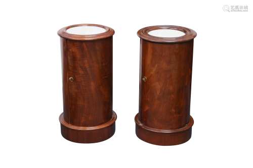 A PAIR OF VICTORIAN CYLINDRICAL MAHOGANY BEDSIDE CUPBOARDS, ...