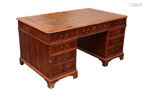 A YEW WOOD PEDESTAL DESK, LATE 20TH CENTURY