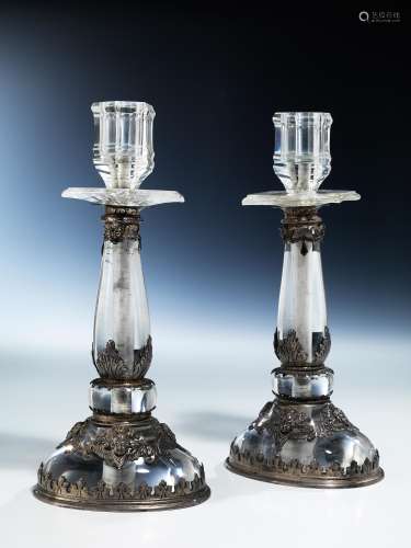 Paar Bergkristall-Leuchter mit Silbermontur