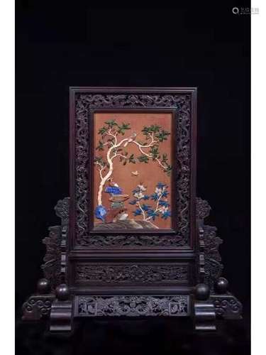 A HARDWOOD INLAID GEMS TABLE SCREEN