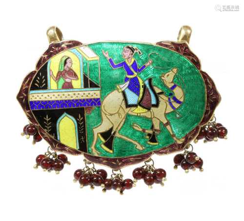 A Persian silver gilt champlevé enamel pendant,