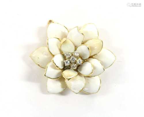 A gold diamond and enamel flower head necklace centrepiece,