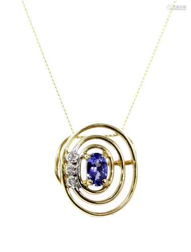 A gold tanzanite and diamond pendant,