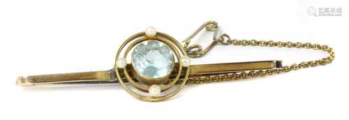 A 9ct gold aquamarine and seed pearl brooch,