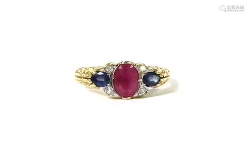 An 18ct gold ruby, sapphire and diamond ring,