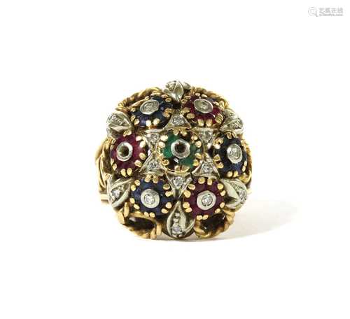 A gold diamond, emerald, ruby and sapphire bombé cluster rin...