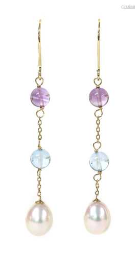 A pair of gold cultured freshwater pearl, blue topaz and ame...