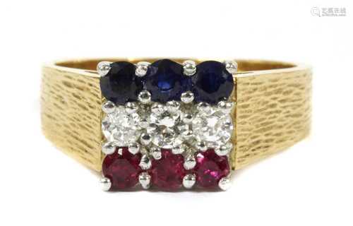 An 18ct gold ruby, diamond and sapphire ring, c.1980,