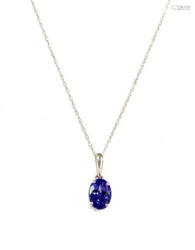 A white gold single stone tanzanite pendant,