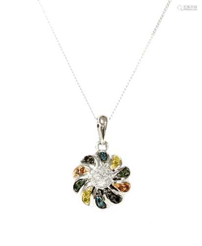 A white gold diamond and fancy coloured diamond pendant,