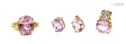 A gold kunzite ring, earrings and pendant matched suite,