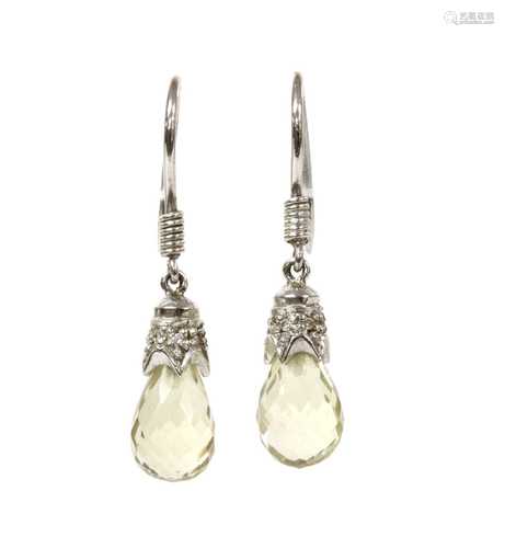 A pair of white gold lemon quartz and diamond drop earrings,