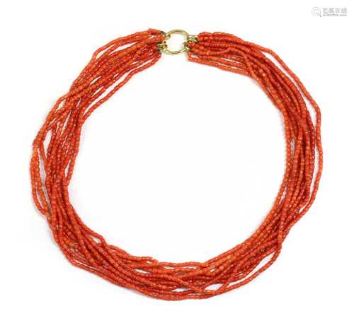 A ten row coral bead necklace,