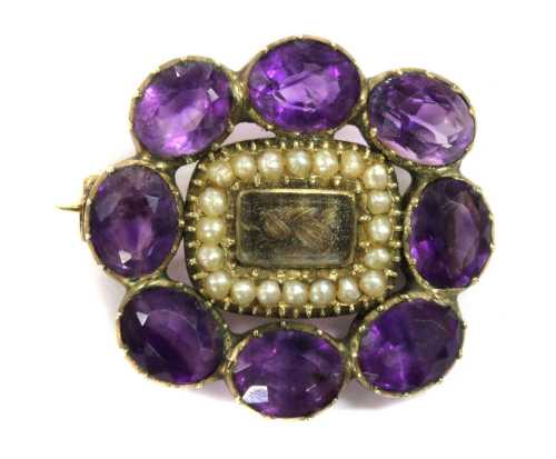 A Victorian gold amethyst and woven hair brooch,
