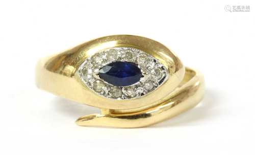 A gold sapphire and diamond snake or serpent ring,