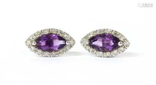 A pair of 9ct white gold amethyst and diamond halo cluster e...