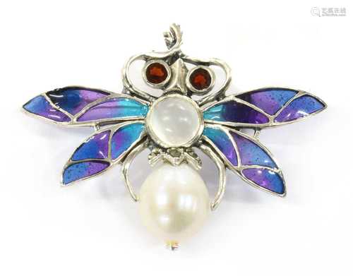 A silver plique-à-jour enamel and assorted gemstone bee broo...