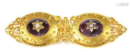 A gold amethyst and split pearl brooch,