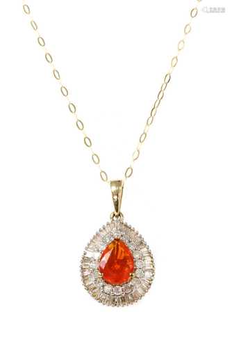 A gold fire opal and diamond cluster pendant,